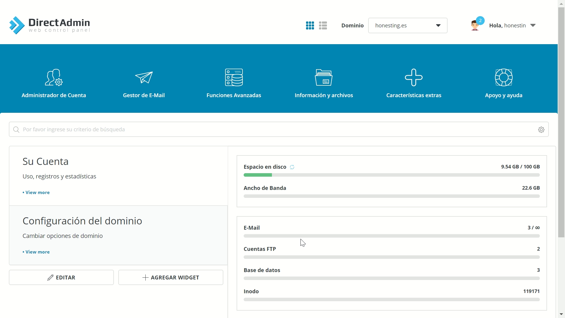 Visión general del panel de control Directadmin