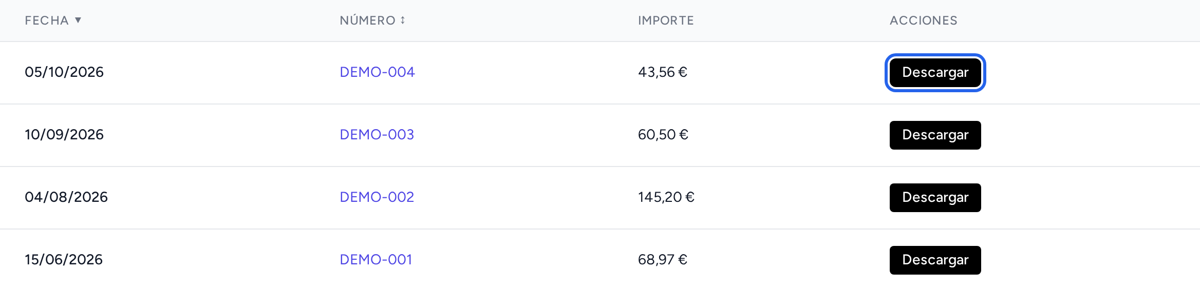 Botón Descargar de cada factura