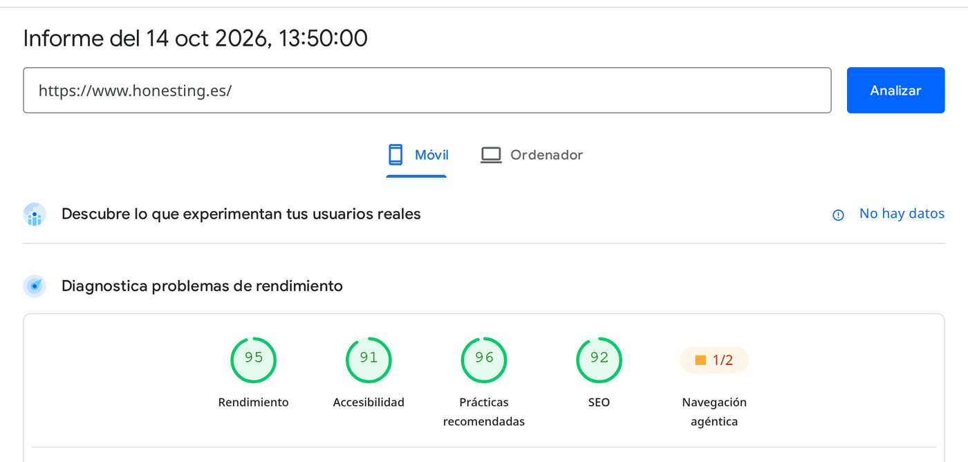 Informe de PageSpeed Insights de honesting.es: 95 de rendimiento en móvil, 91 de accesibilidad, 96 de prácticas recomendadas y 92 de SEO